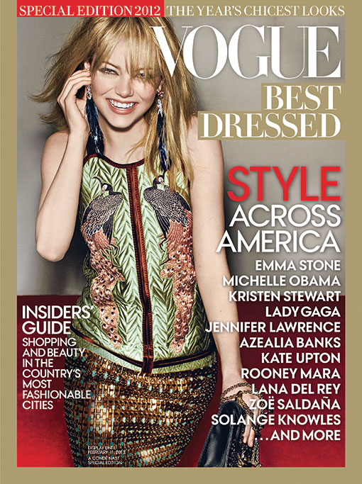 moda | celebridades | as 10 mais bem-vestidas votadas pela Vogue América | Vogue América | revistas | as 10 atrizes mais bem-vestidas do ano | atrizes de Hollywood | Emma Stone | Emma Stone é eleita a mais bem-vestida de 2012 pela Vogue América