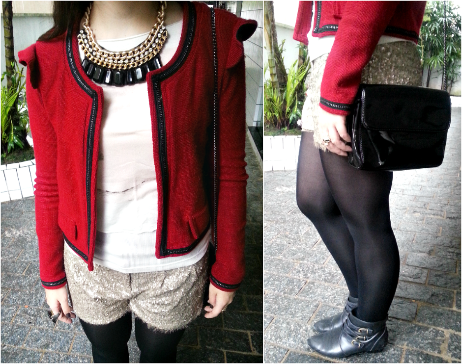 blog de moda | moda | sobre moda | look do dia | looks do dia | jaqueta chanel | casaco vermelho | look com short de paetê | meia-calça preta | bota | bolsa preta | bolsa a tira colo | sobreposição