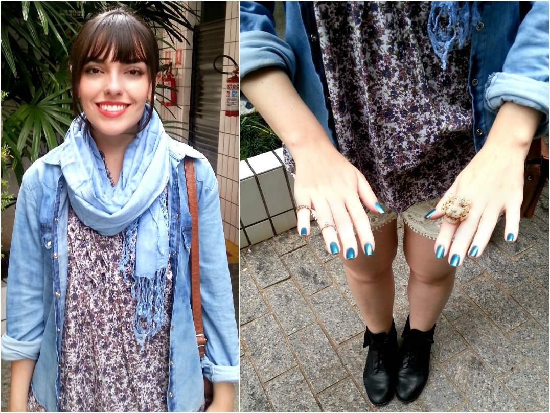 blog de moda | Moda | sobre moda | look do dia | blusa floral | short de renda | camisa jeans | moda 2013 | moda 2014 | verão 2014 | botas flat | bota de cano curto | trança | óculos redondo | look para o dia