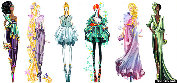 moda | desenhos | croquis | princesas da Disney | roupas fashion para princesas da Disney | ready-to-wear Disneys Princess outfits by Sashiiko Anti | roupas fashion para princesas da Disney